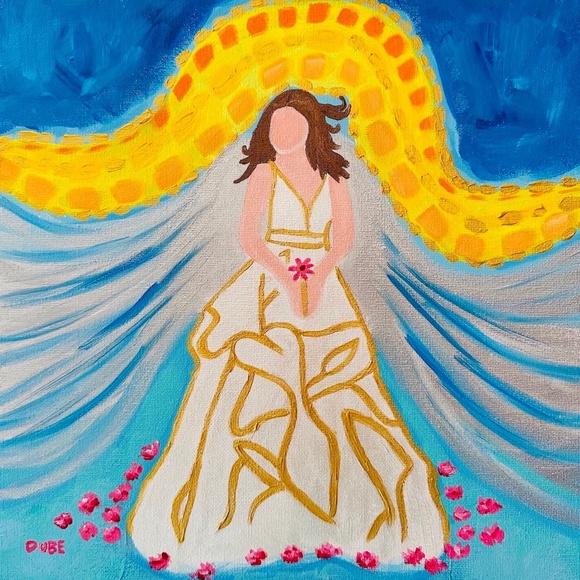 Original Painting Abstract Princess Bride White & Gold Dress Flowers 12" x 12" - Picture 1 of 7
